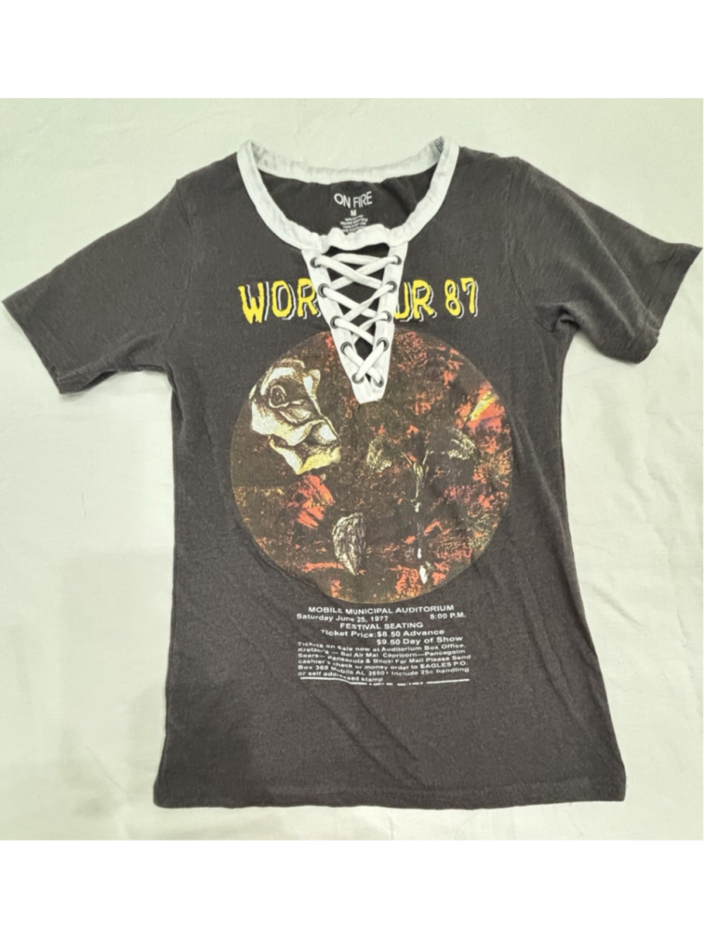 On Fire Eagles World Tour 87 Shirt Womens M Lace Up Graphic Band Tee Gray